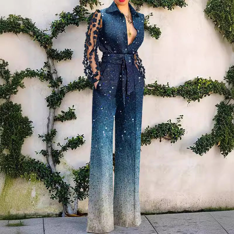 Dame Elegant Jumpsuit med gennemsigtige ærmer og glimtende accenter Stilla
