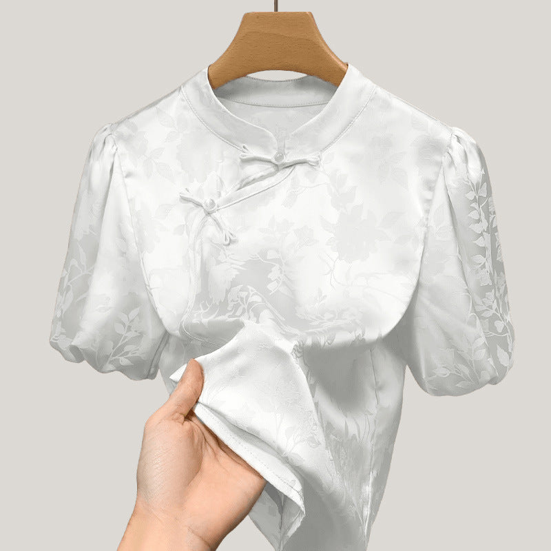 Dame Elegant Blusenshirt med blomsterapplikationer og puffærmer Stilla