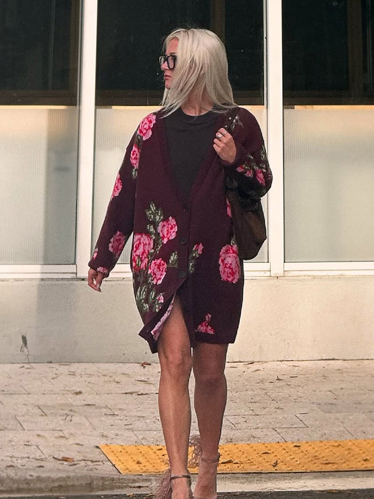 Dame Åben Strikjakke med florale Accenter Stilla