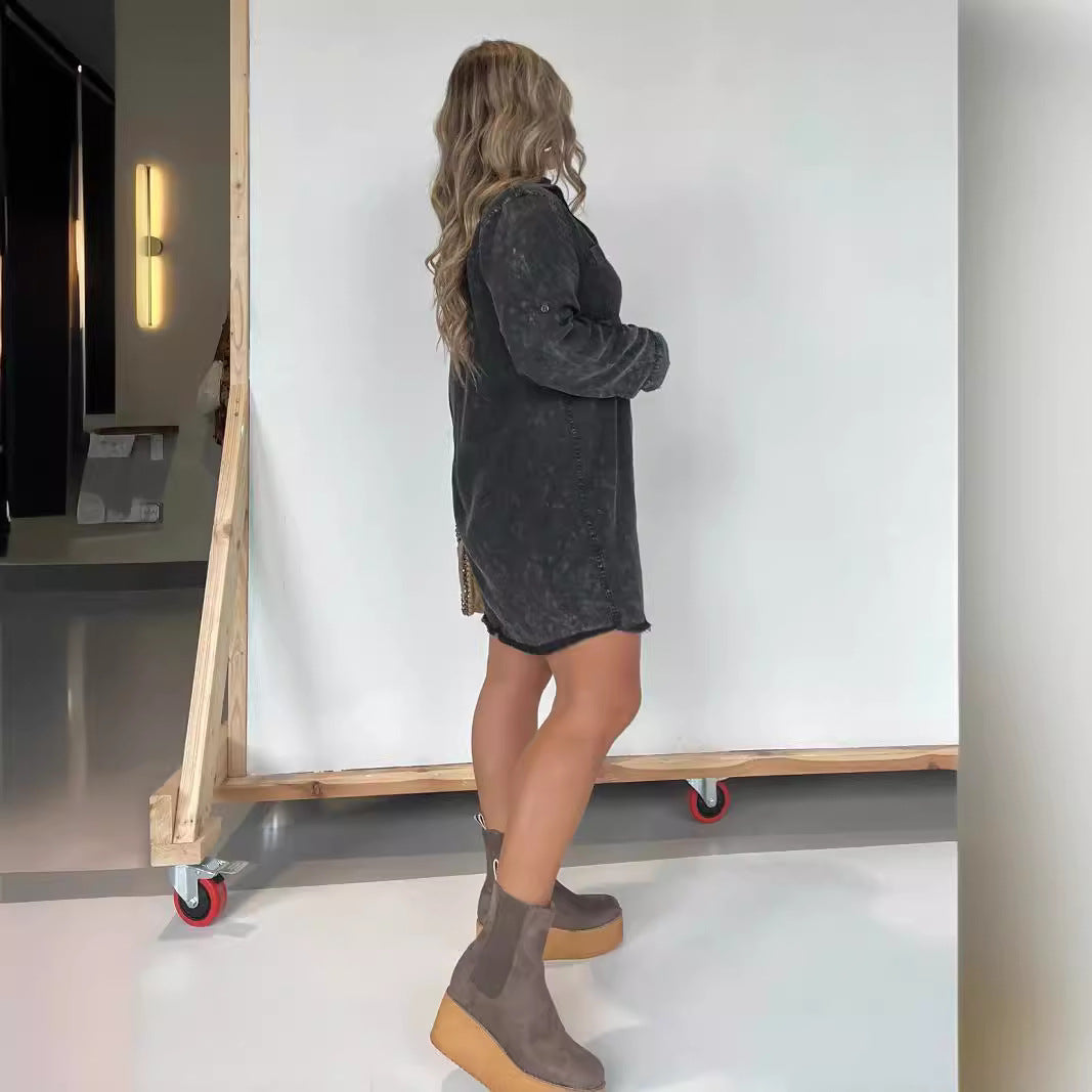 Dame Denim-langærmet kjole med struktureret fløjl-design og knapbar liste Stilla