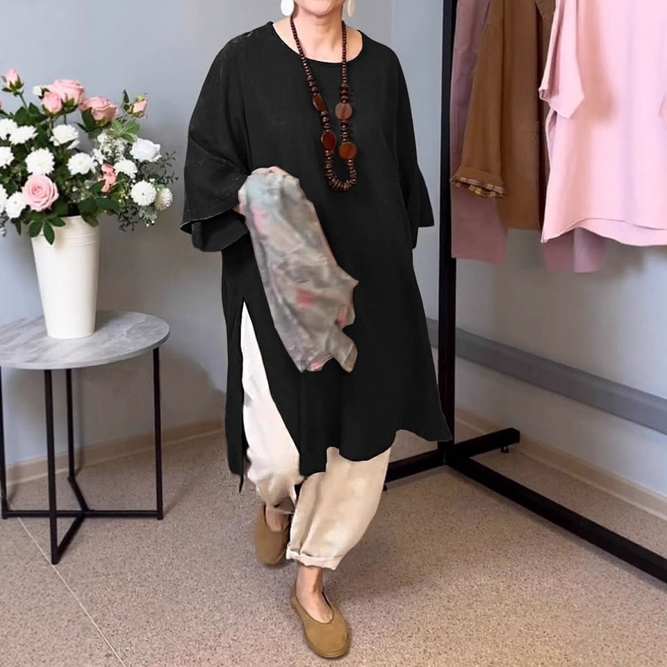 Dame afslappet langærmet tunika med sidelids og moderne snit Stilla