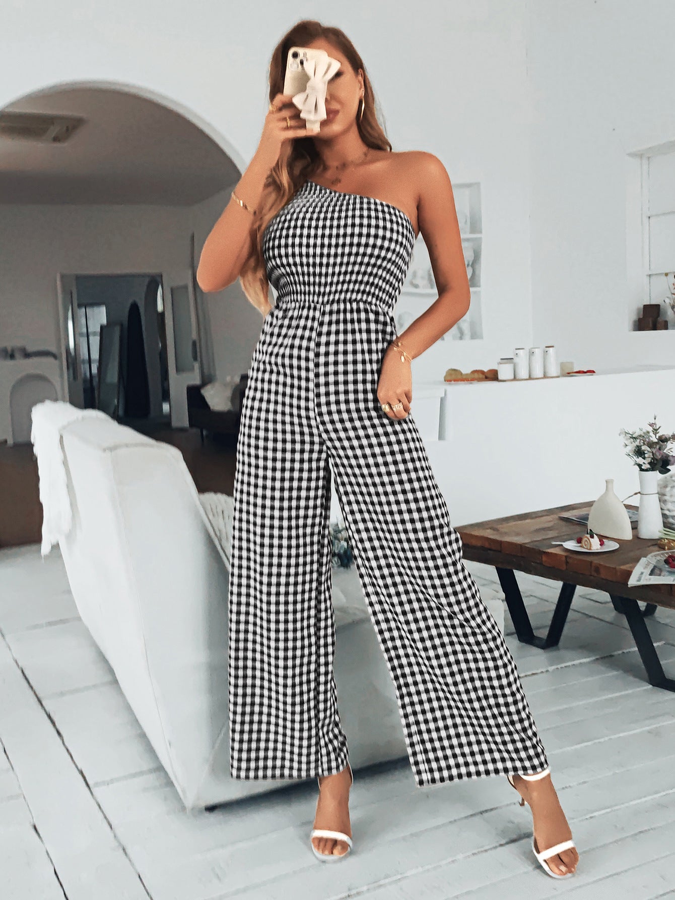 Stilla | Mode Ærmeløs Off Shoulder Trykt Bred Ben Jumpsuit