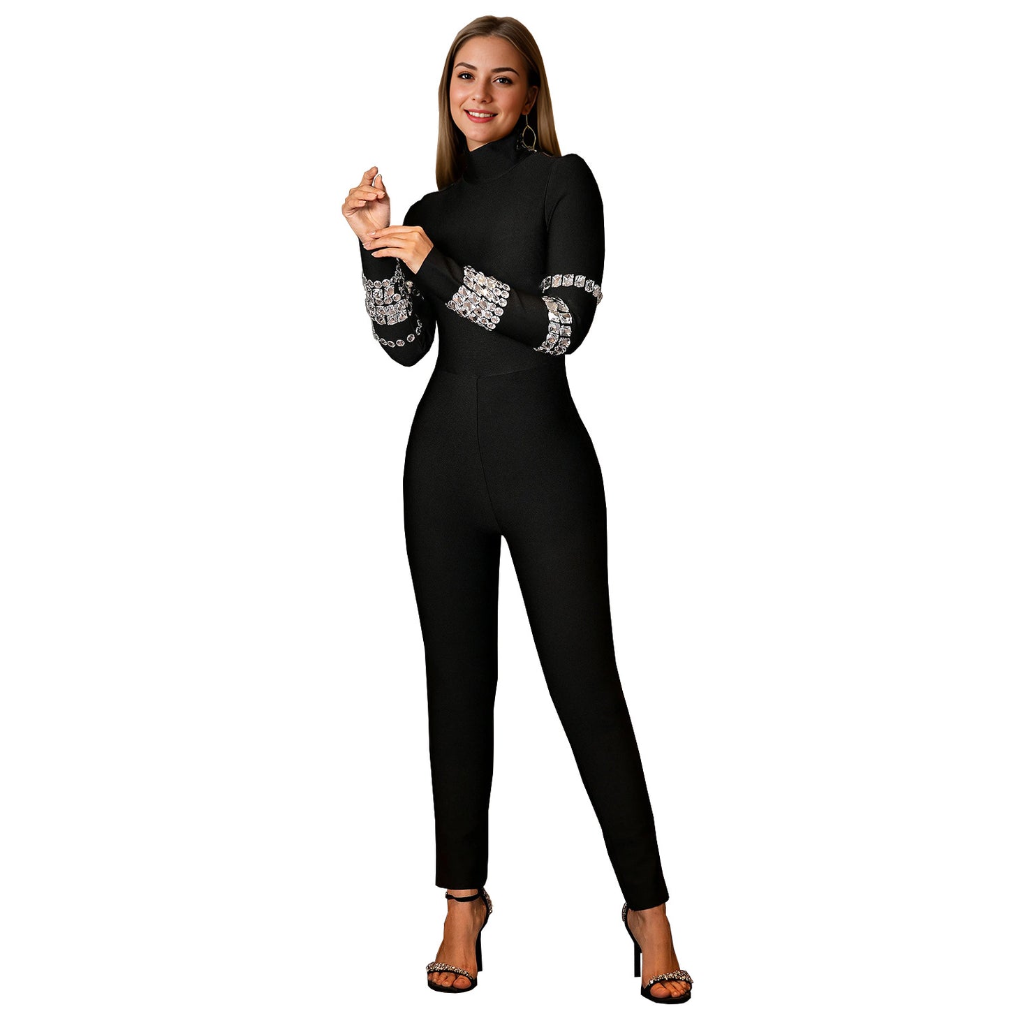 Dame Elegant Bodycon-jumpsuit med glitrende strassdekorationer og højhalset krave Stilla