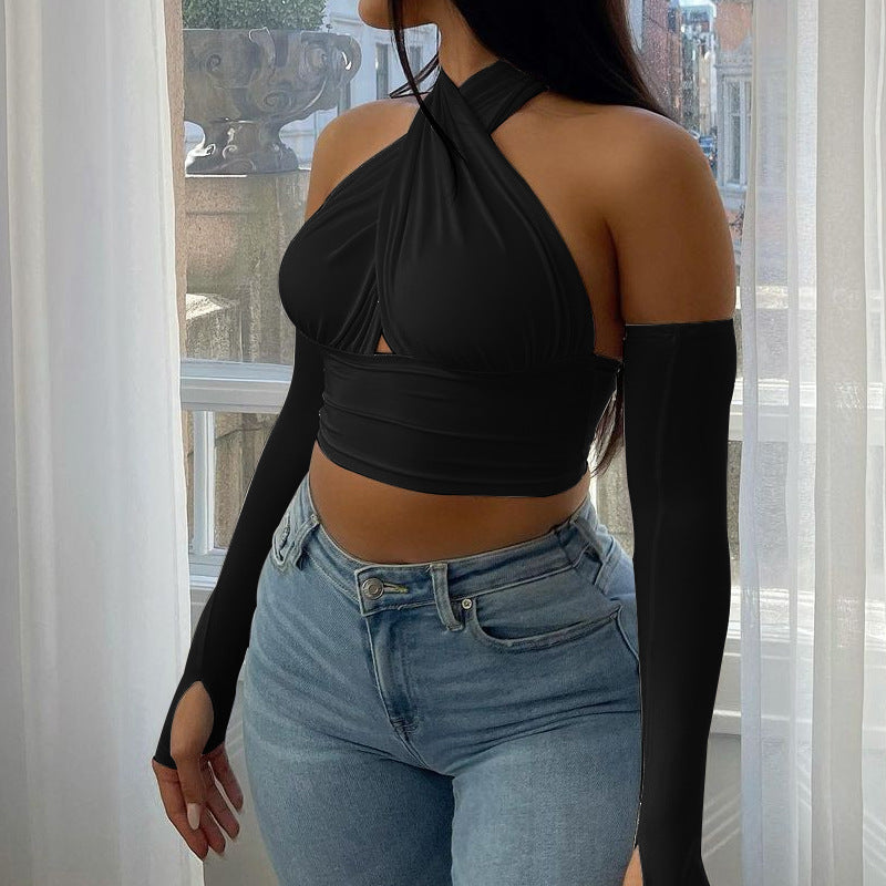 Dame Cropped Top med skulderfri ærmer og raffineret omslagseffekt Stilla