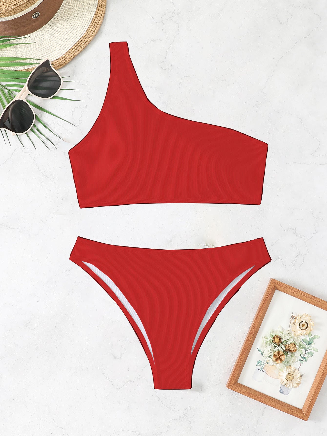 Dame Ein-skulder Rib Bikini Sæt Stilla 1750840252