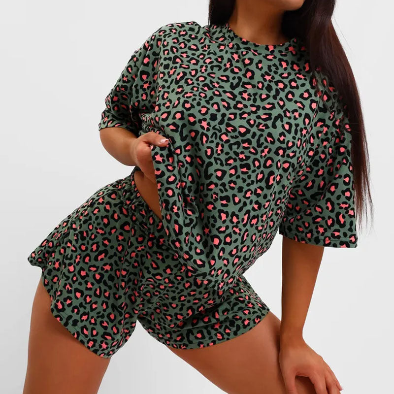 Dame afslappet fritids sæt med leopardmønster og elastisk linning Stilla