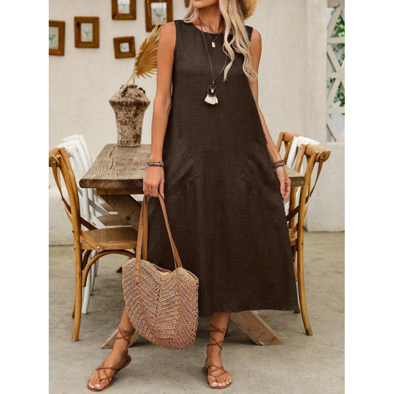 Dame afslappet maxikjole med praktiske lommer og rynket snit Stilla