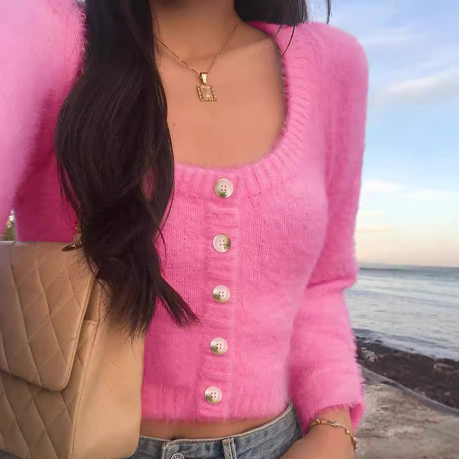 Dame cropped strikpullover med dekorative knapper og blødt materiale Stilla