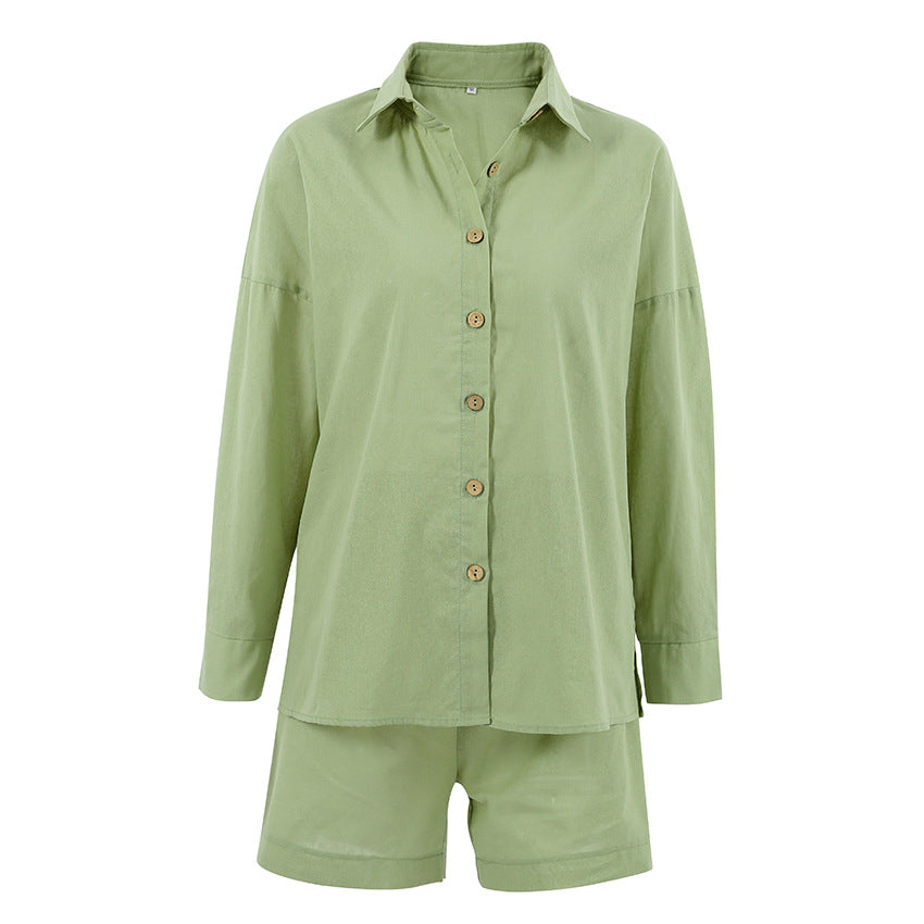 Dame afslappet shirt og shorts sæt med let stof og knapdetaljer Stilla