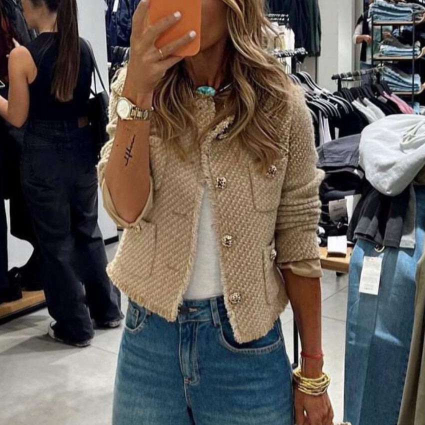 Dame elegant Bouclé-jakke med gennemgående knaplukning og dekorative lommer Stilla