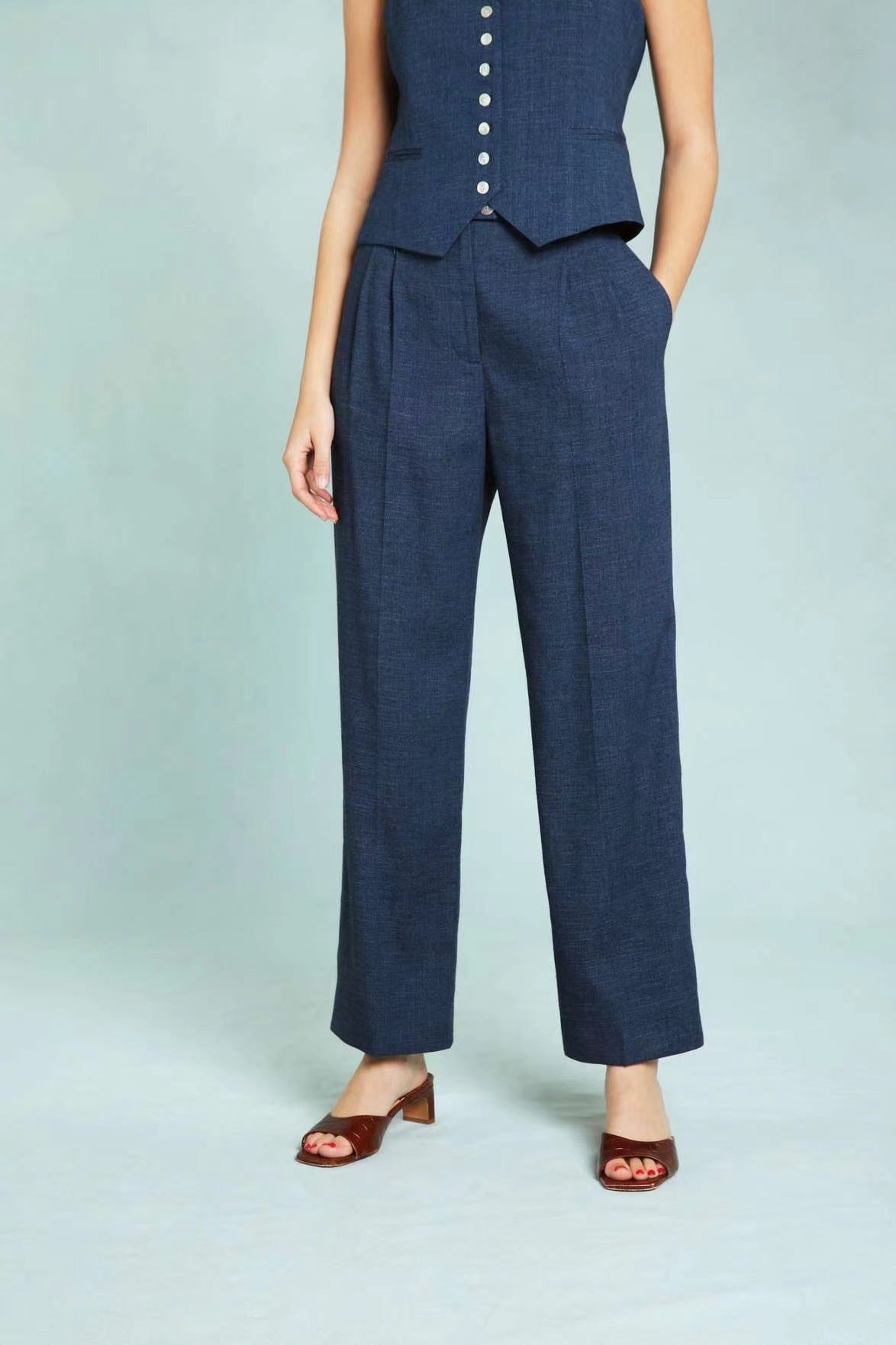 Dame elegant bred skåret bukser med høj talje og folder Stilla