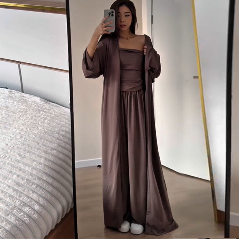 Dame elegant jumpsuit-sæt med lang cardigan og rynket overdel Stilla