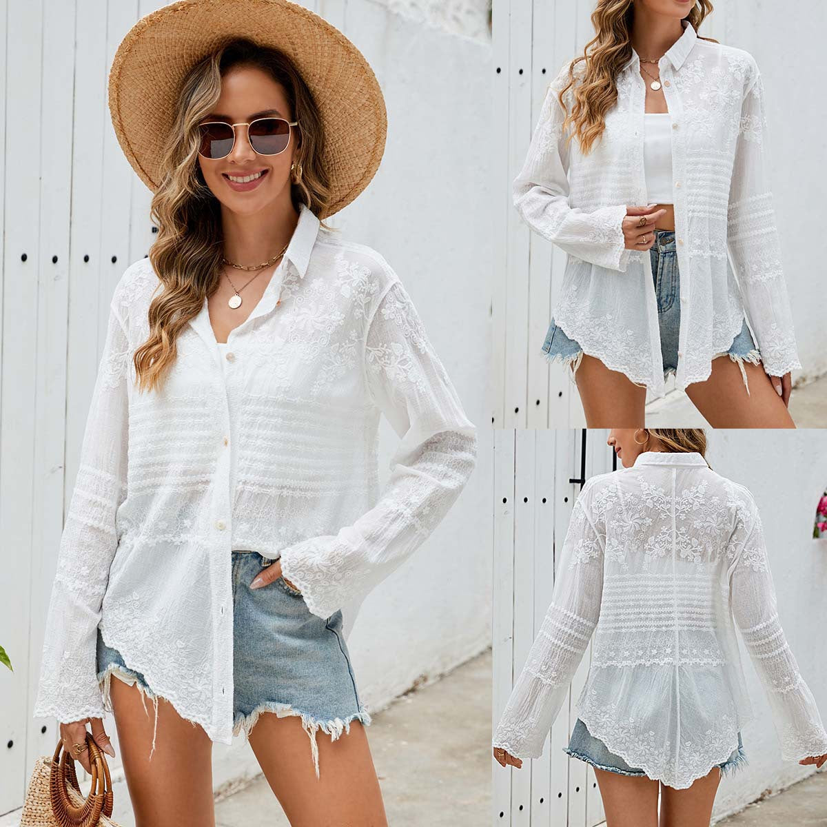 Dame afslappet langærmet bluse med flower broderi Stilla