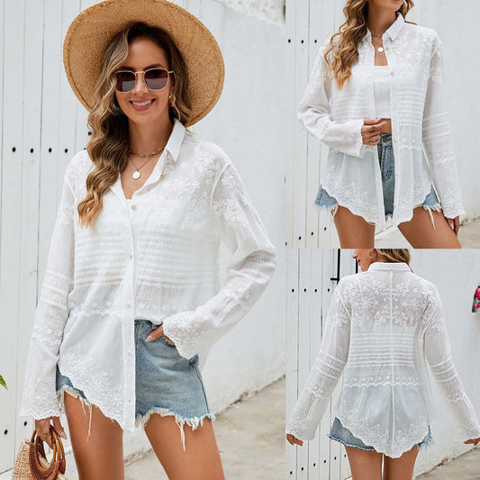 Dame afslappet langærmet bluse med flower broderi Stilla