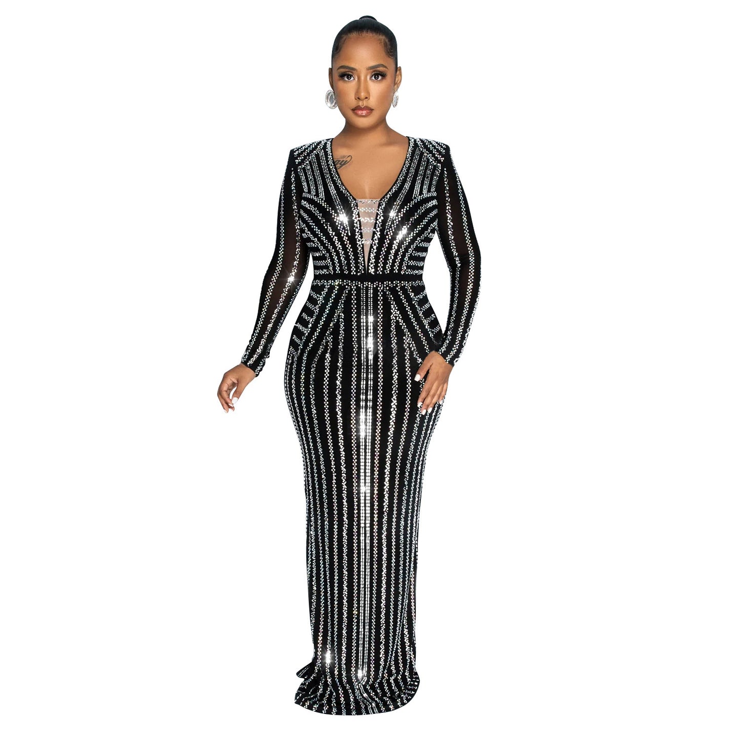 Dame Eksklusiv Aftenkjole med glitrende Pailletter og dyb V-udskæring Stilla