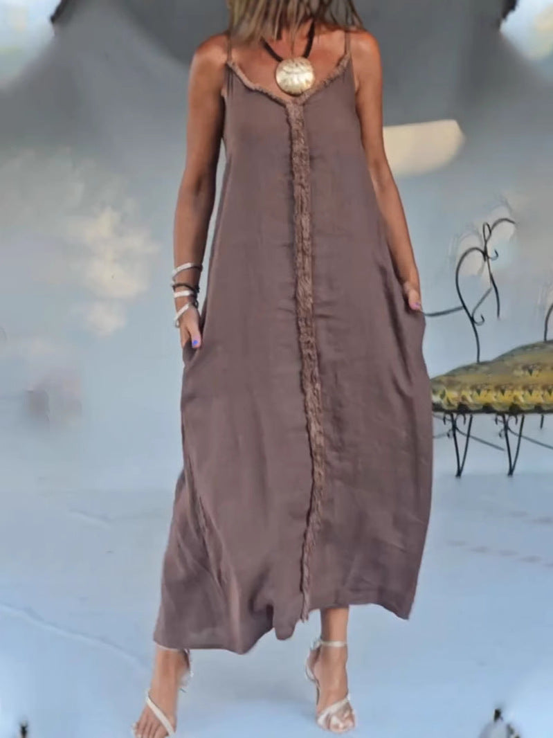 Dame afslappet maxikjole med fine frynser og justerbare stropper Stilla