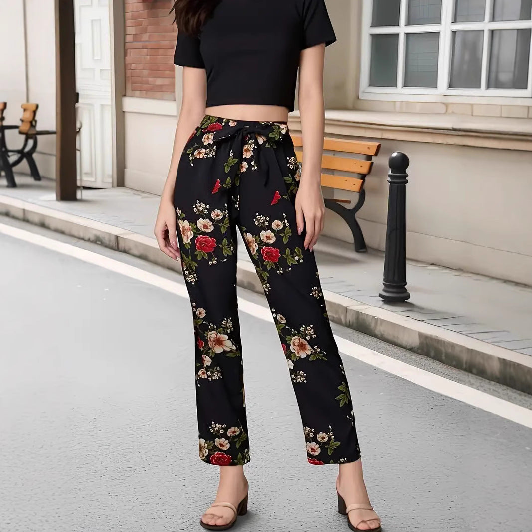 Dame Elegant fritidsbukser med blomstermønster og bælte Stilla