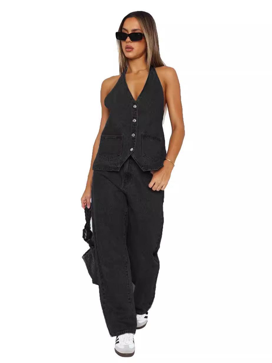 Dame denimkjole i mode stil med lommer og knapstolpe Stilla