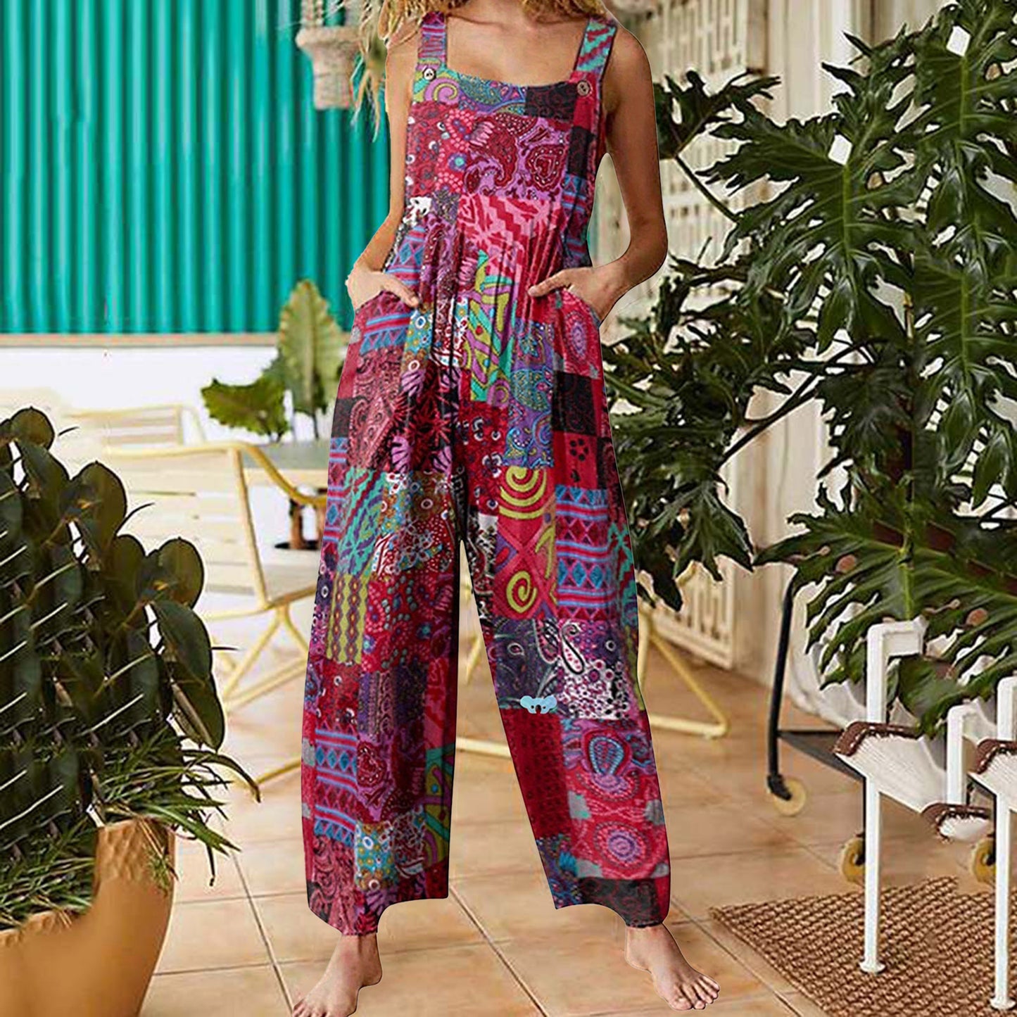 Dame farverig patchwork jumpsuit med sidelommer Stilla