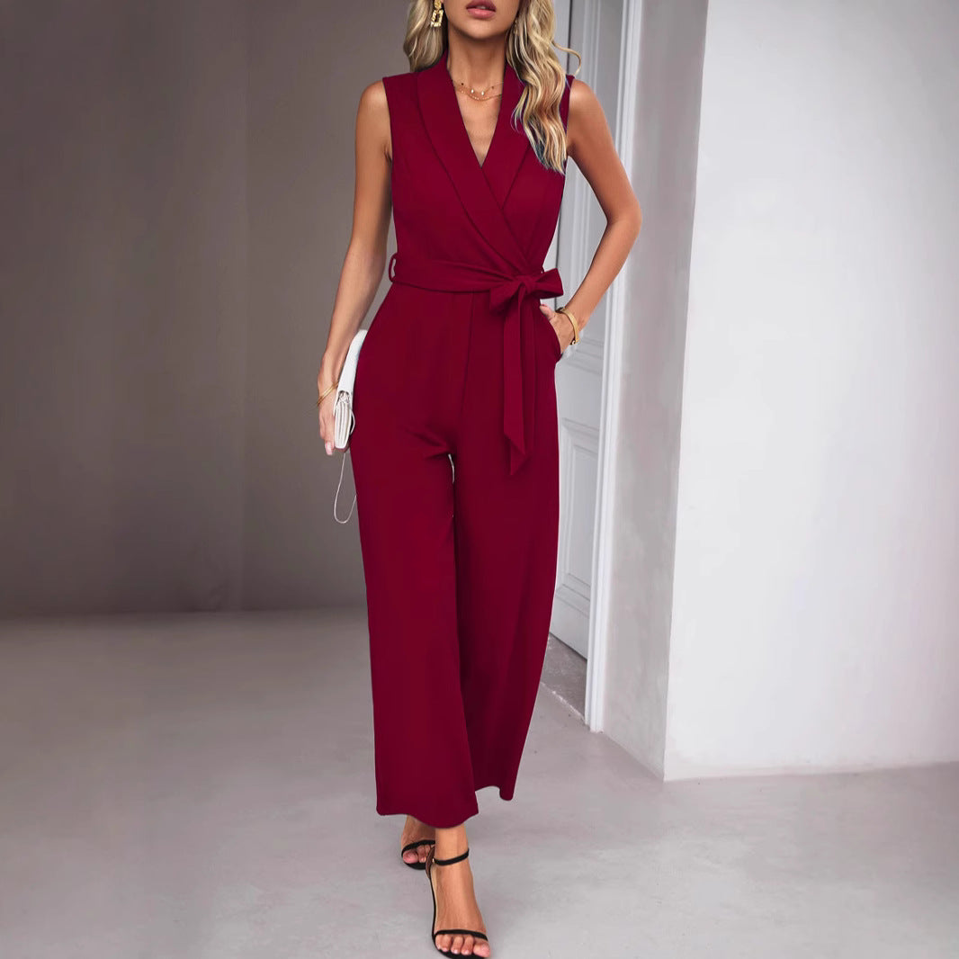 Dame elegant jumpsuit med bindebånd taljesløjfe og V-udskæring Stilla