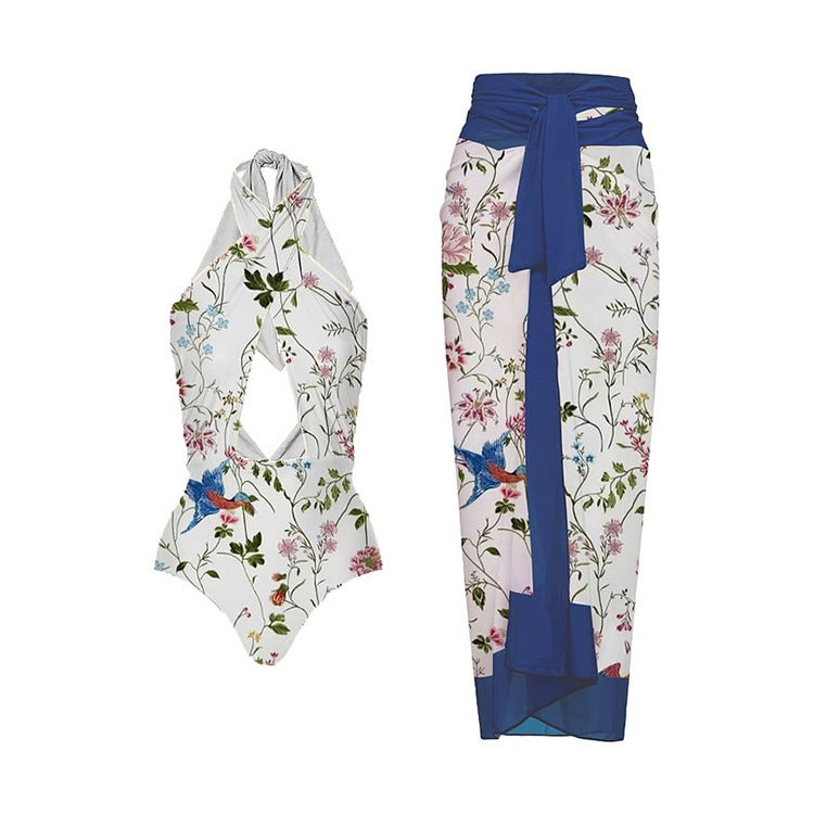 Dame Elegant Blomstret Print Én-delt Badedragt Sæt med Matchende Indpakning Skørt Stilla
