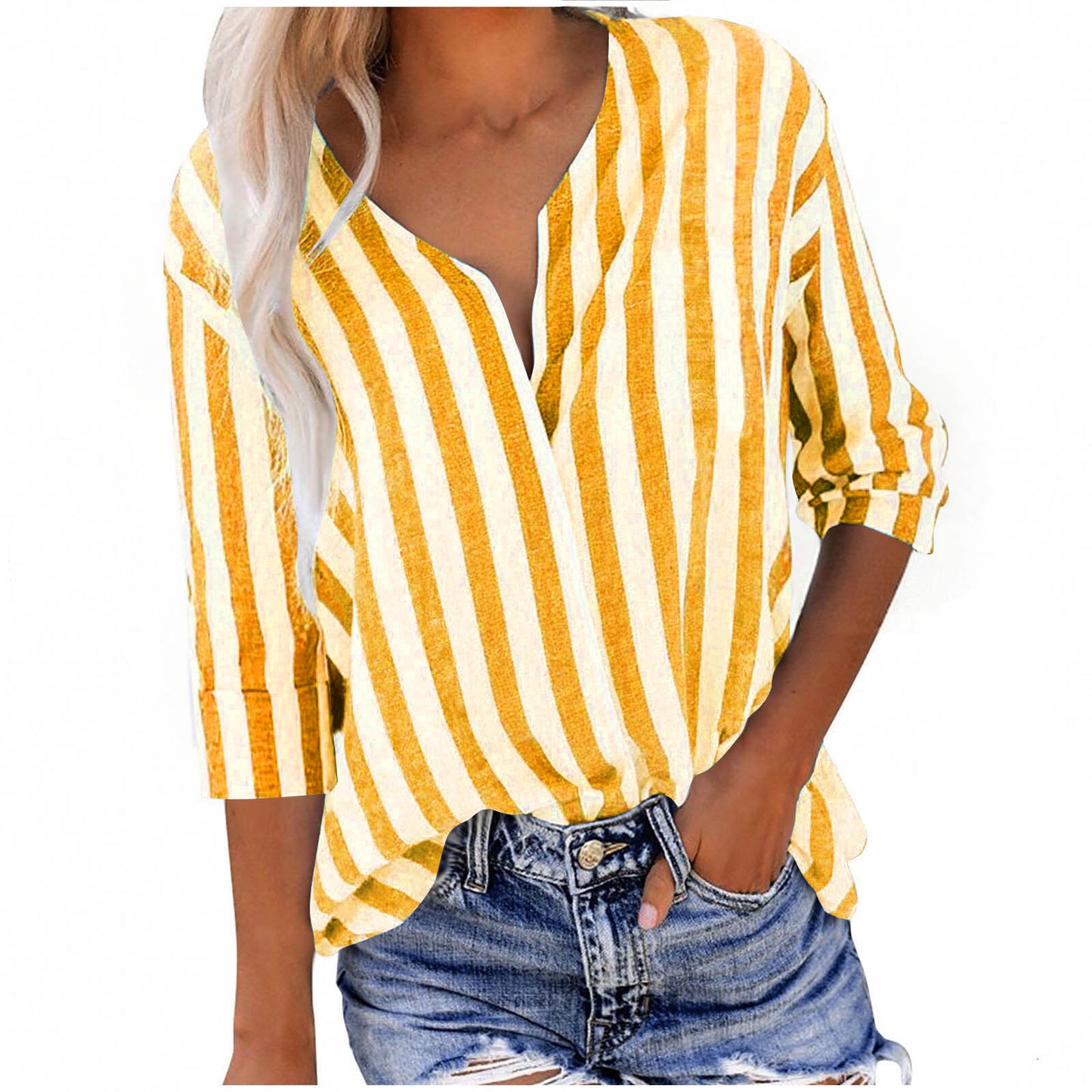 Dame afslappet linnedbluse med stribemønster og 3/4-ærmer Stilla