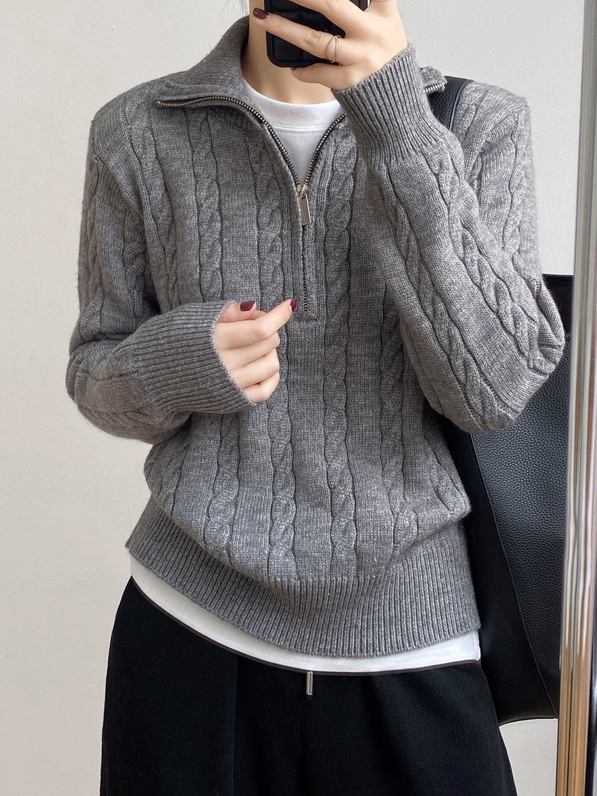 Femme Kabelstrik V-kvart-lynlå Pullover Sweater Stilla