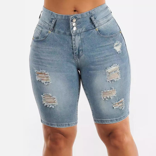 Dame Denim-shorts med høj talje og moderigtige revnede detaljer Stilla
