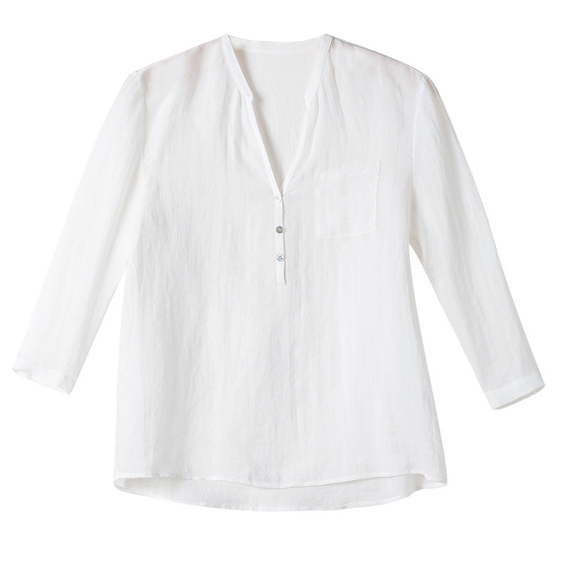Dame afslappet linnedbluse med knapliste og praktisk brystlomme Stilla