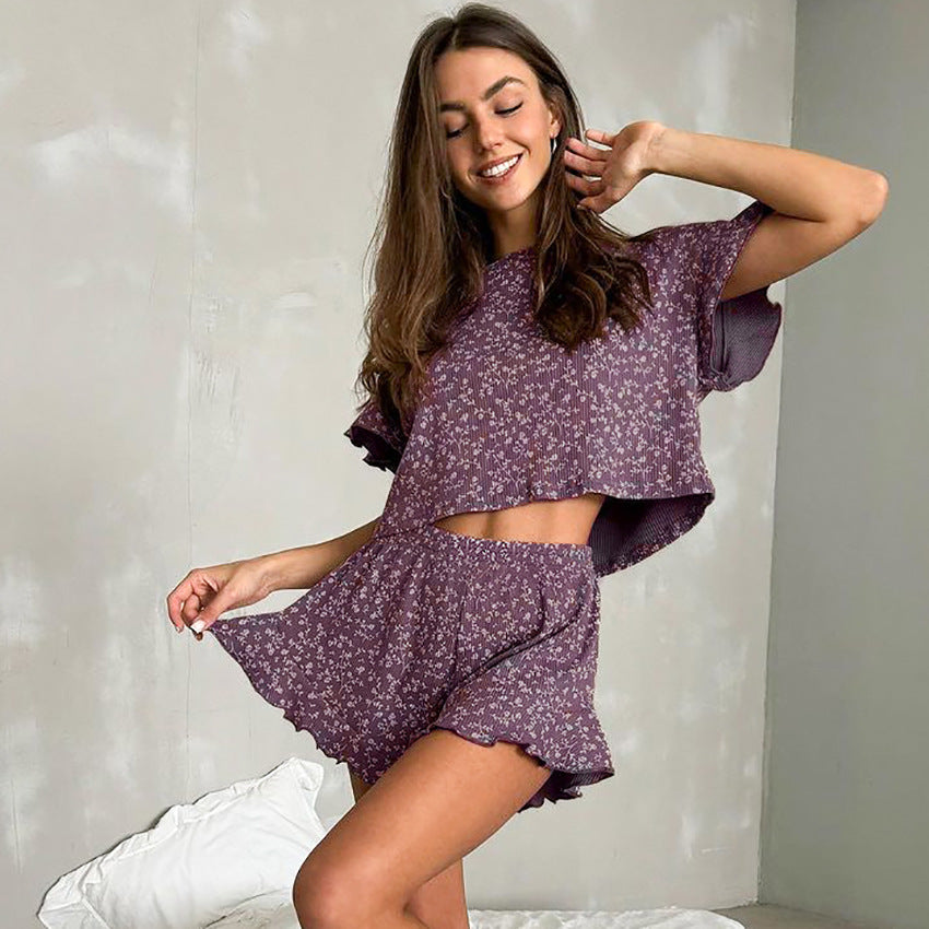 Dame afslappende Top- og shorts-sæt med legende blomsterprint og voluminøse ærmer Stilla