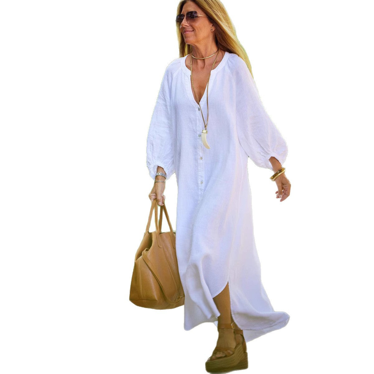 Dame afslappet langærmet kjole med knaplukning og ballonærmer Stilla