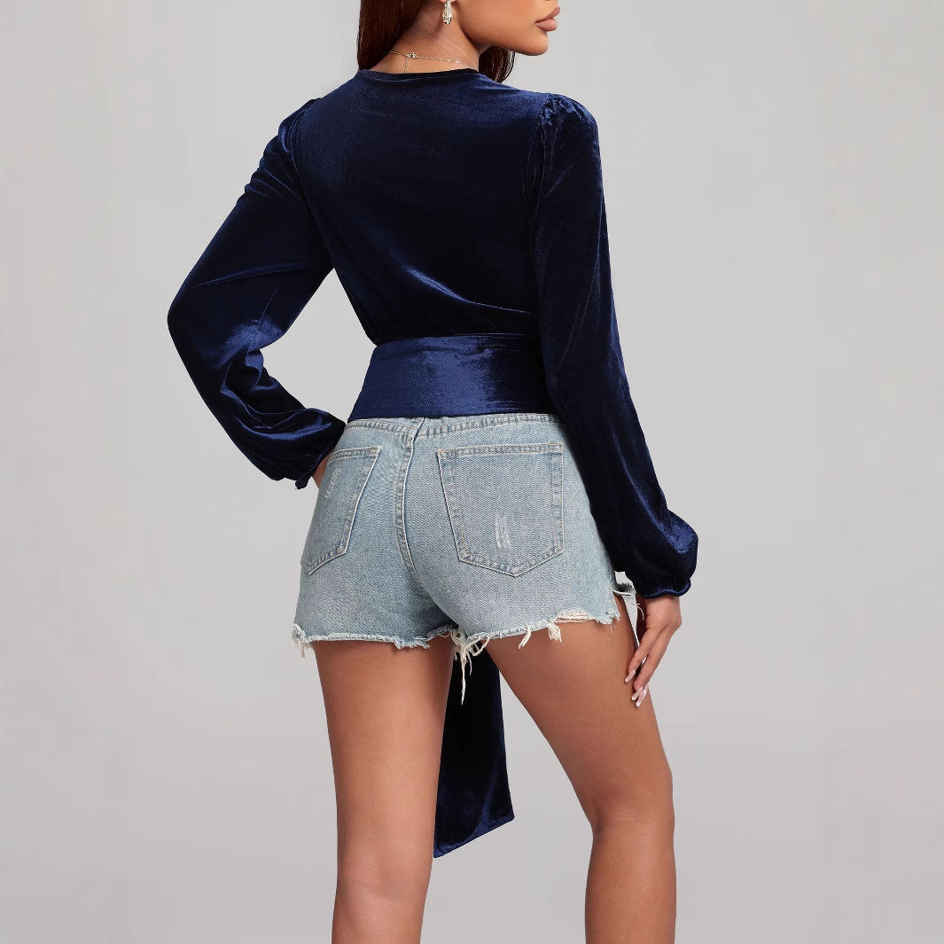 Dame elegant indpakningsbluse med flæseærmer Stilla