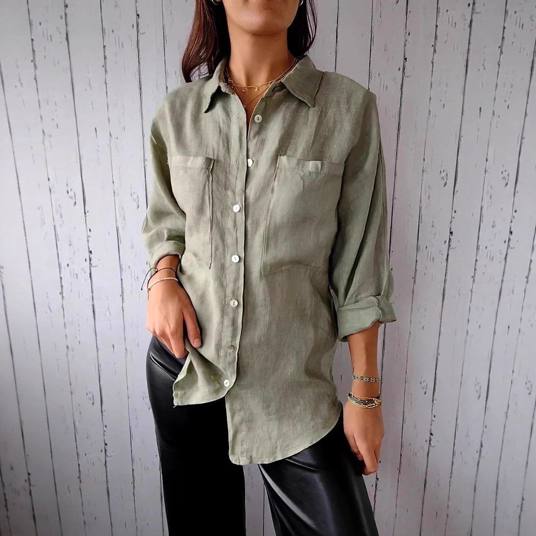 Dame afslappet linned bluse med brystlommer og opfoldede ærmer Stilla