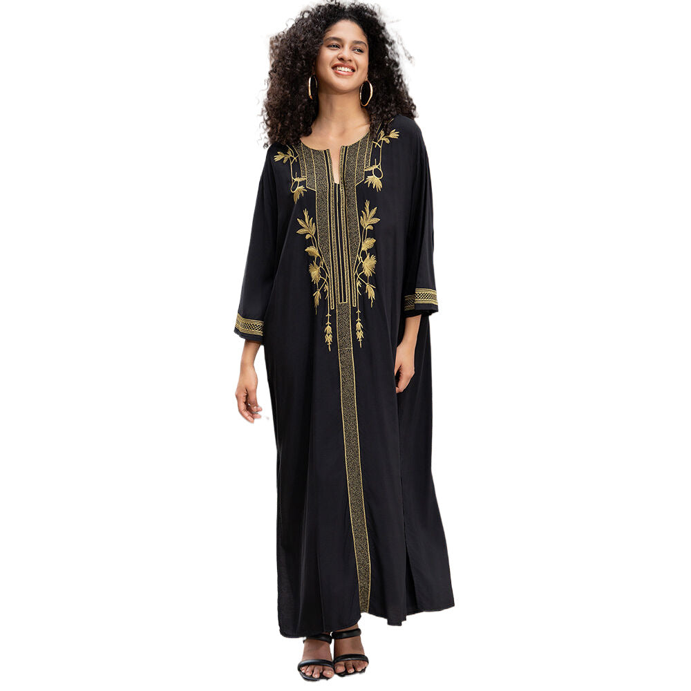 Dame elegant kaftan med kunstnerisk gylden broderi Stilla