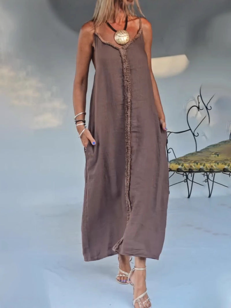 Dame afslappet maxikjole med fine frynser og justerbare stropper Stilla