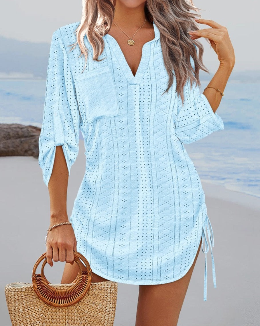 Dame afslappet langærmet skjorte med V-halsudskæring og sideslids Stilla