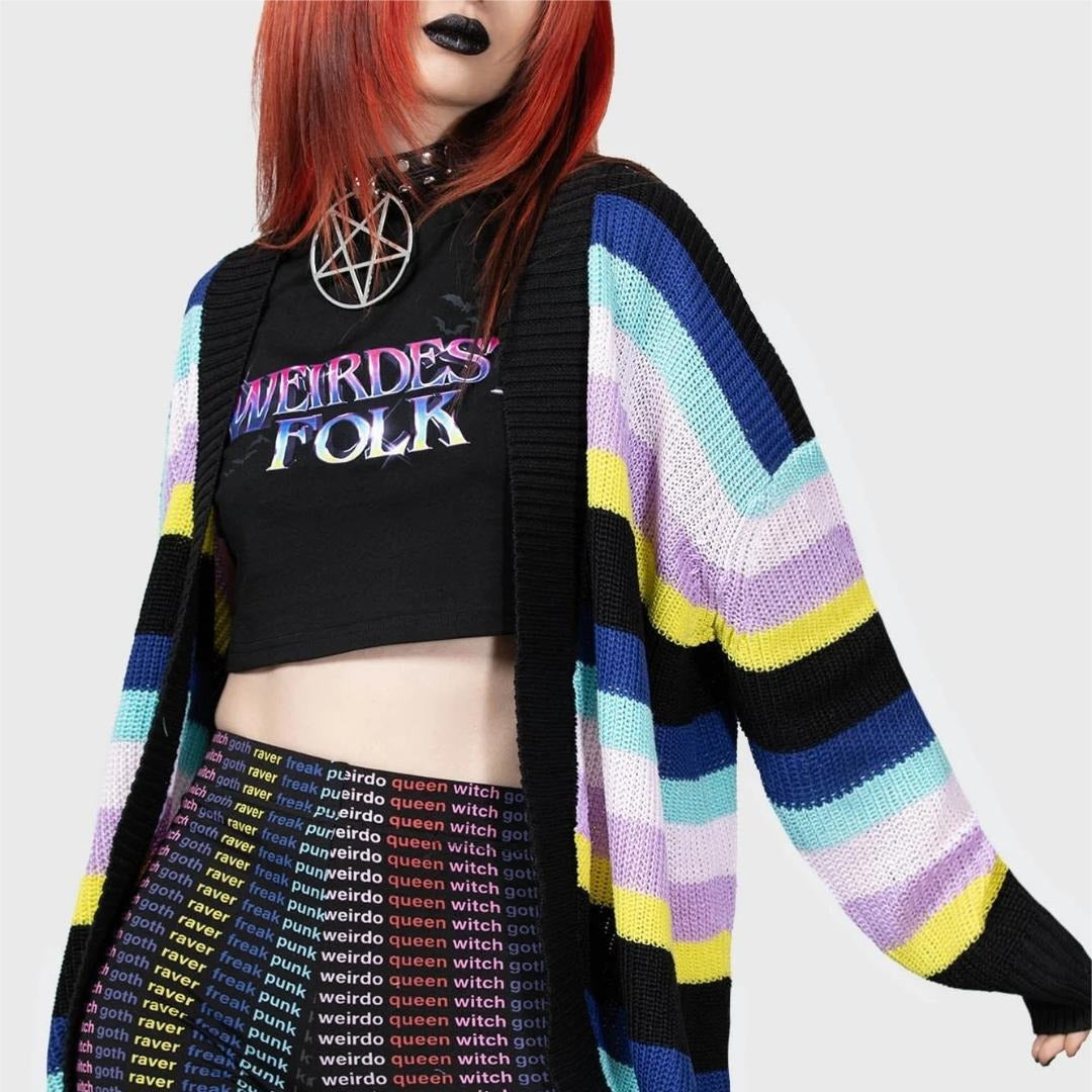 Dame Åben Strikjakke med farverigt stribemønster og løs pasform Stilla