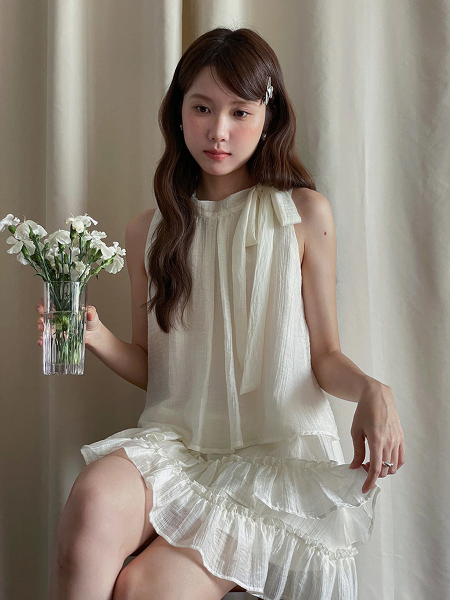 Dame afslappet strandkjole med flæser og sart bånd Stilla