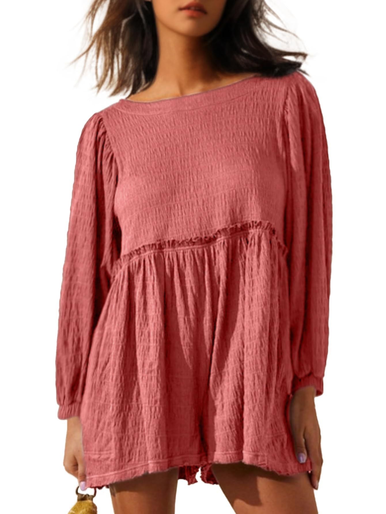 Dame afslappet skjortekjole med bredskårne ærmer og volanter Stilla