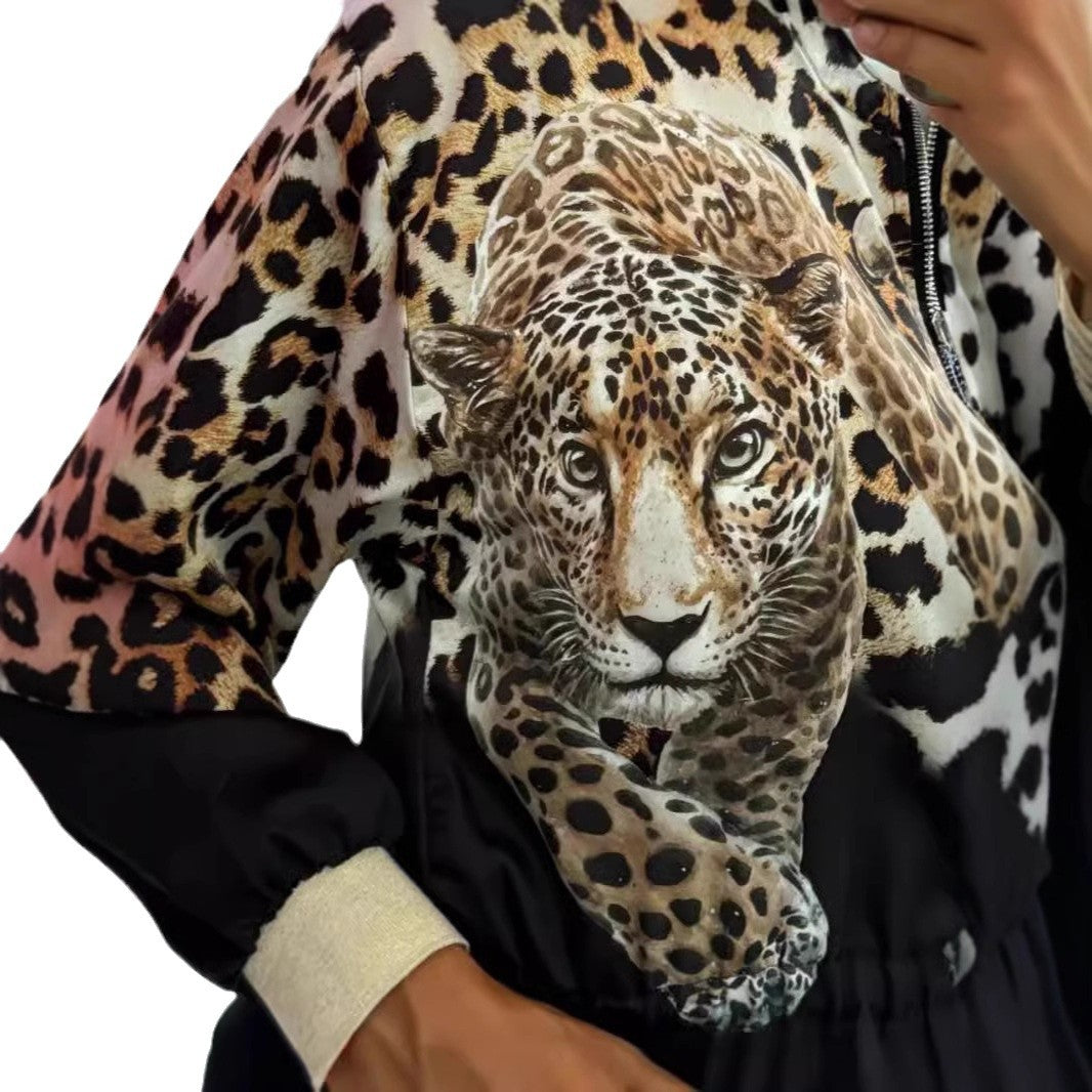 Dame afslappet bomberjakke med ekstravagant leopardmotiv Stilla
