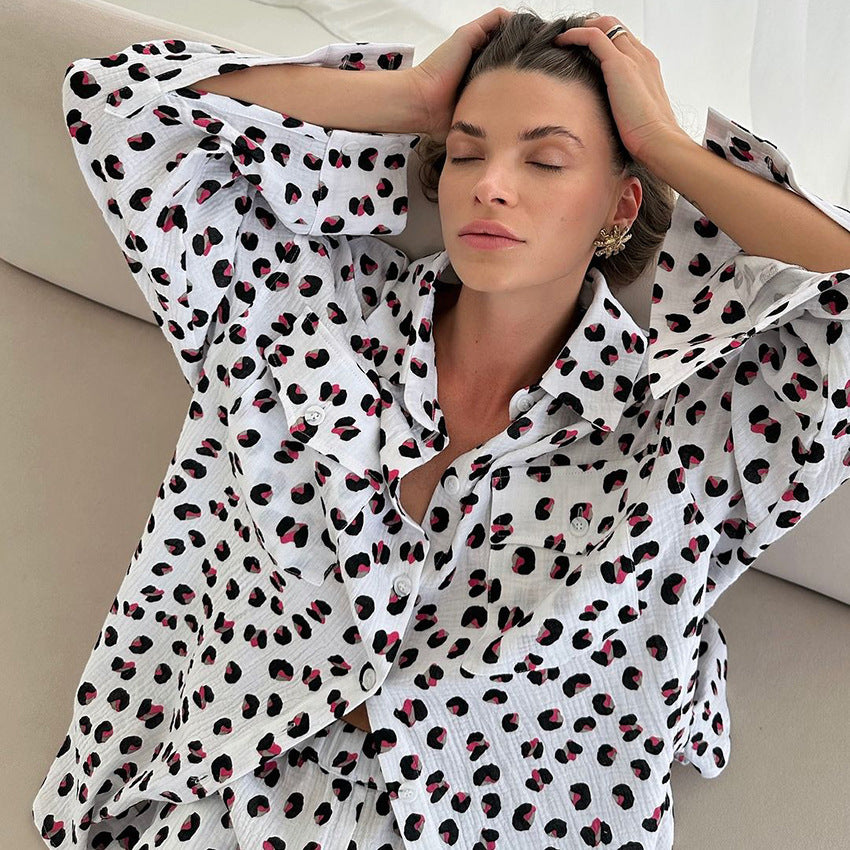 Dame afslappet kortærmet skjorte og shorts sæt med moderne leo mønster Stilla