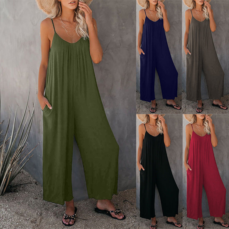 Dame Casual Bomulds-Jumpsuit med Spaghetti-stropper og sidelommer Stilla