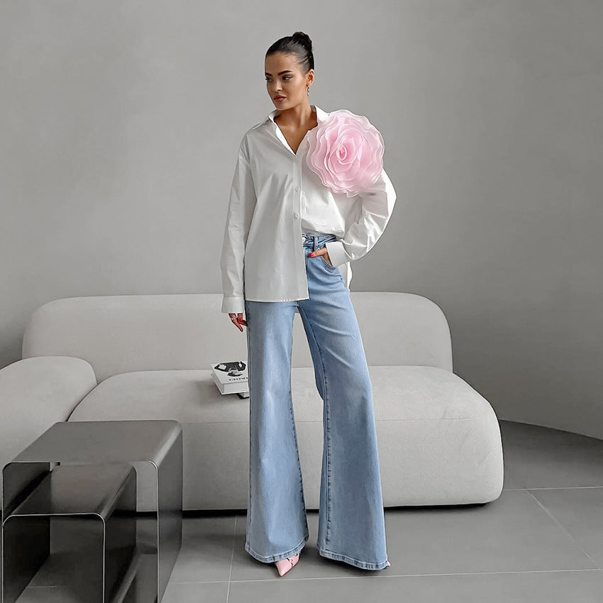 Dame elegant bluse med 3D-blomsterapplikation Stilla