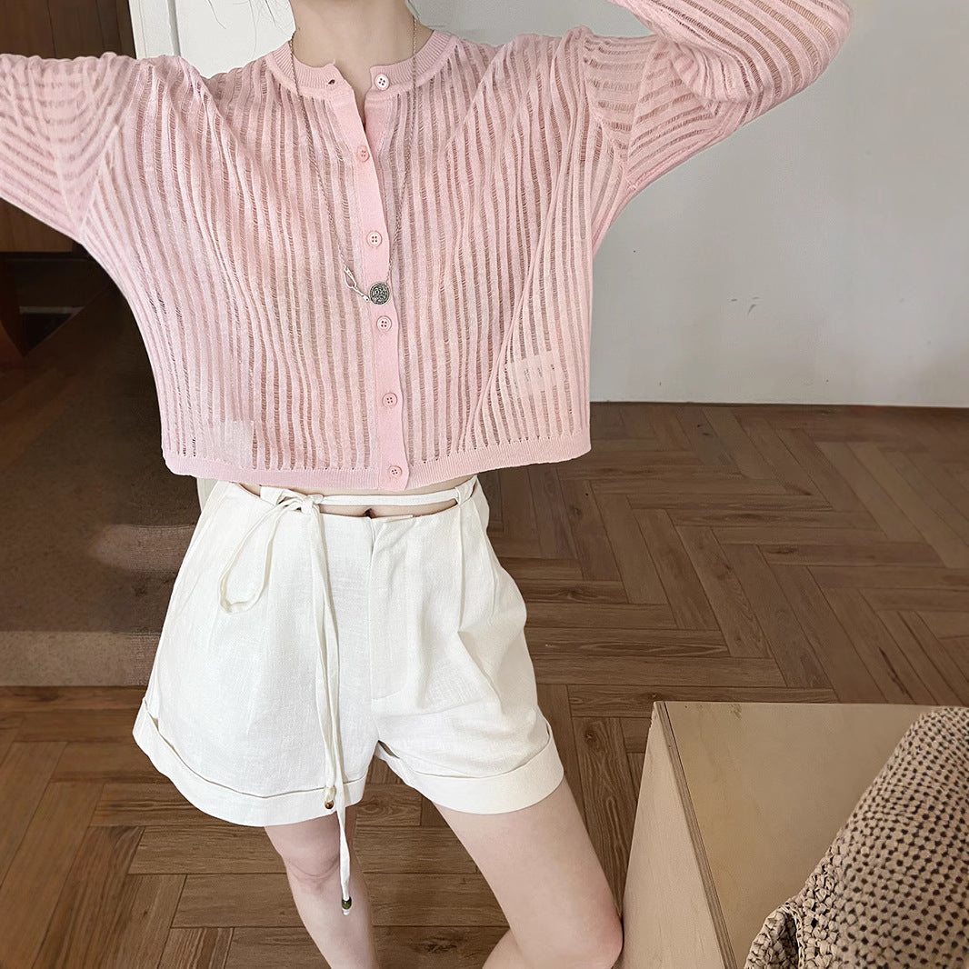 Dame Cropped Longsleeve med fin stribestruktur og elegant krave Stilla