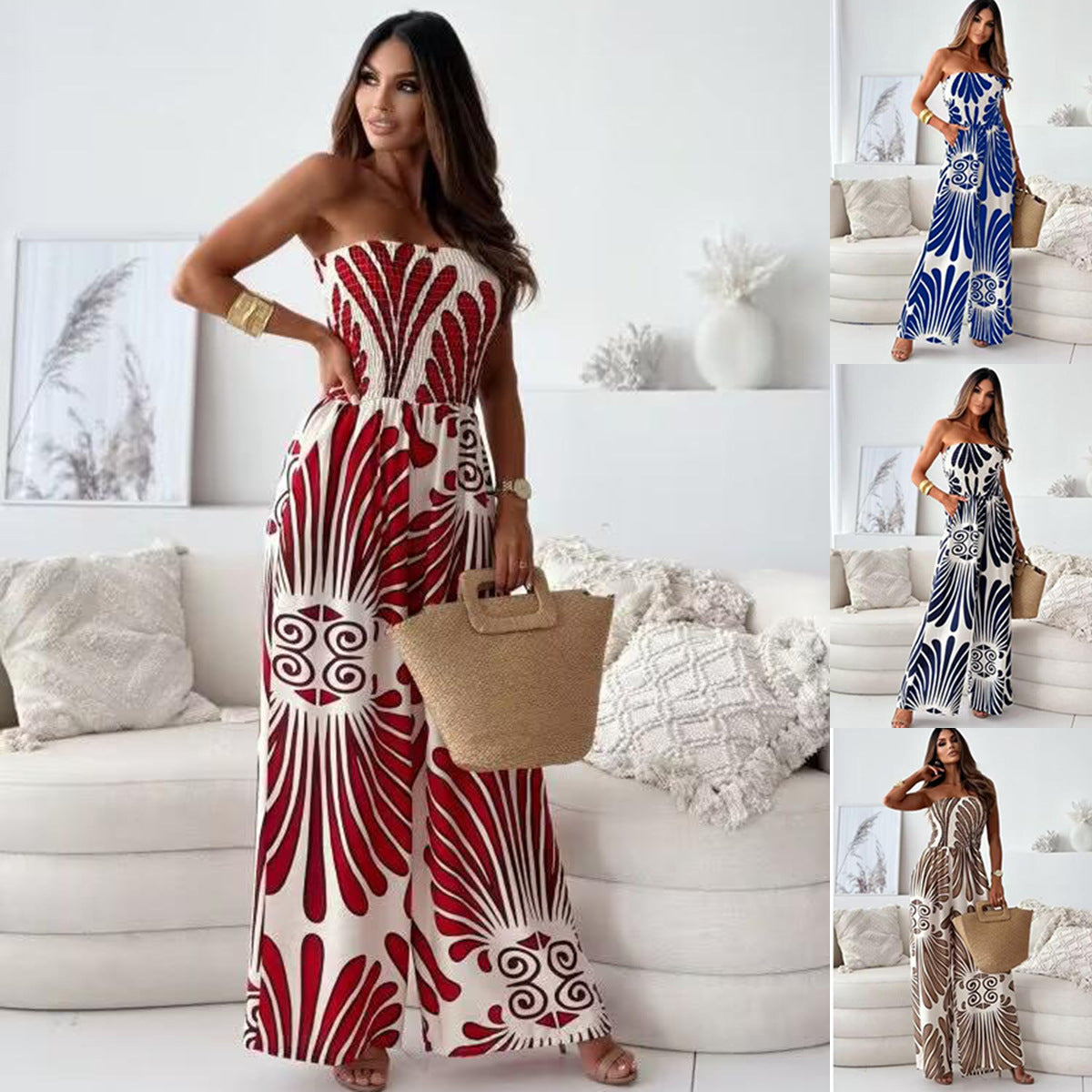 Dame jumpsuit med ærmeløs design og moderne mønster Stilla