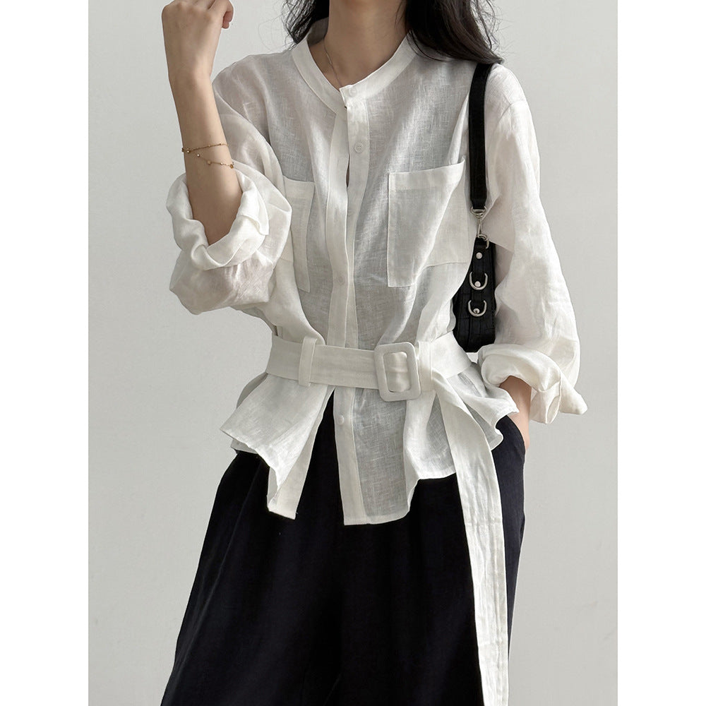 Dame afslappet skjorte med åndbart linned og taljebælte Stilla