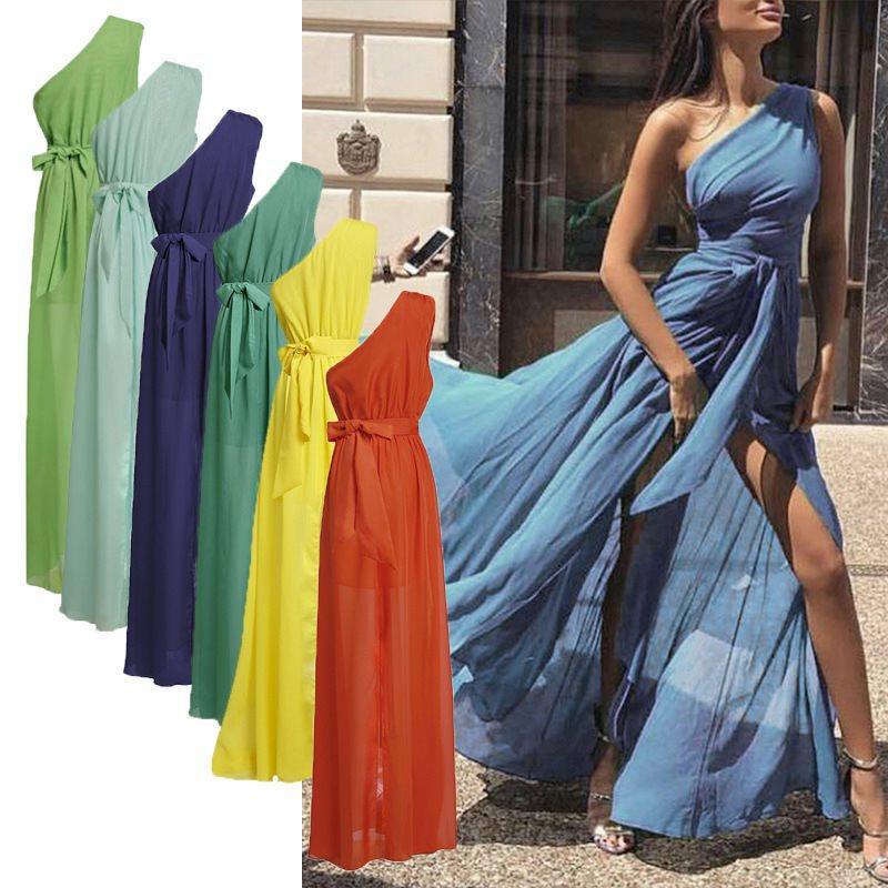 Dame Elegant asymmetrisk maxikjole med sidelids og flydende nederdel Stilla