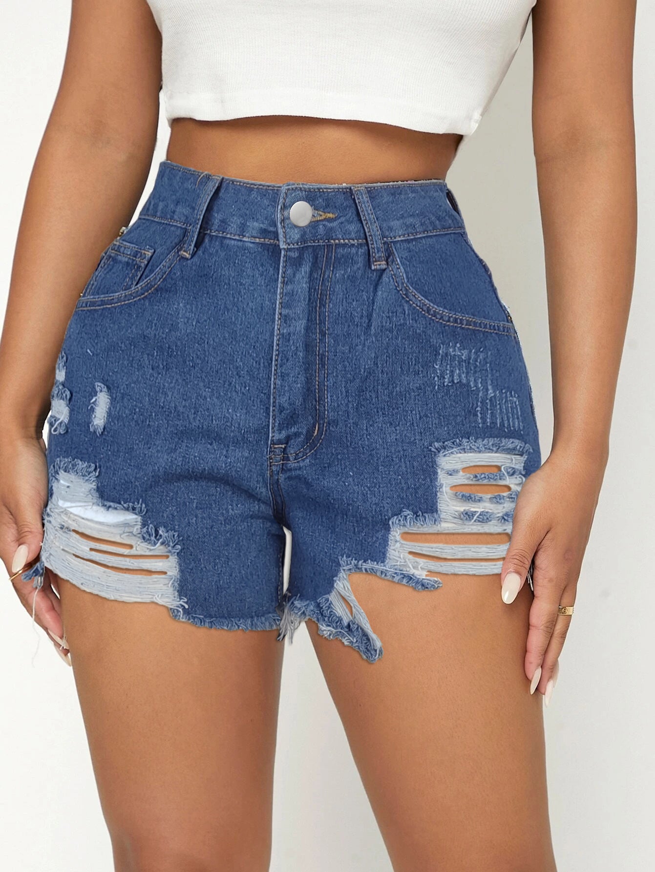 Dame Destroyed Denim-Shorts i afslappet stil med høj talje og frynset kant Stilla