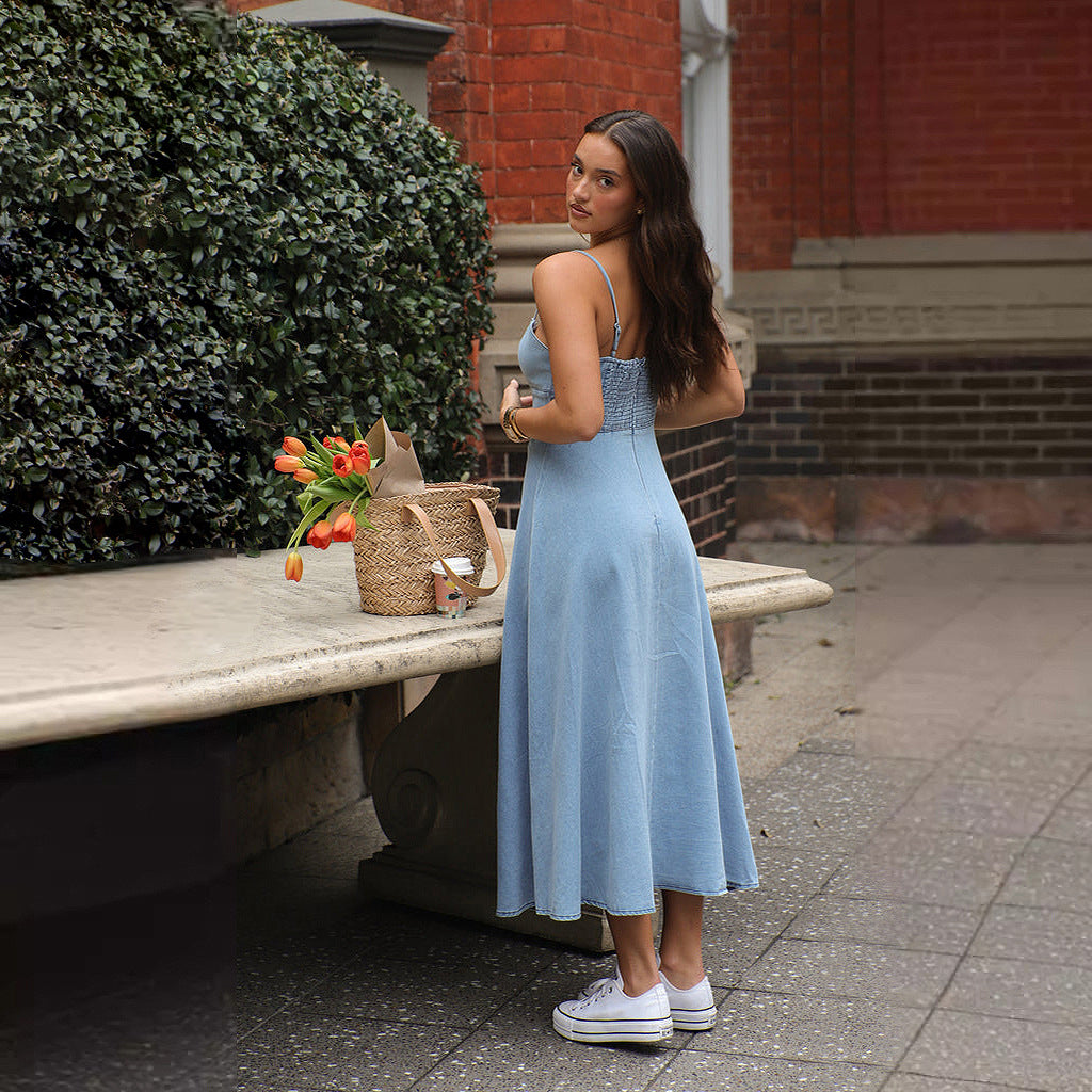 Dame Denim Maxi-kjole med corsage-design og fine spaghetti-stropper Stilla