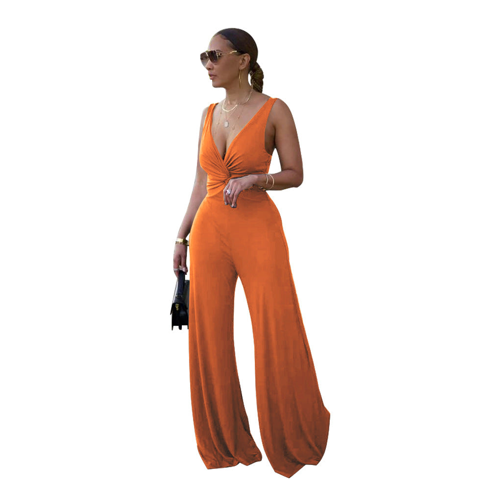 Dame elegant V-hals jumpsuit med bred ben og figursyet design Stilla
